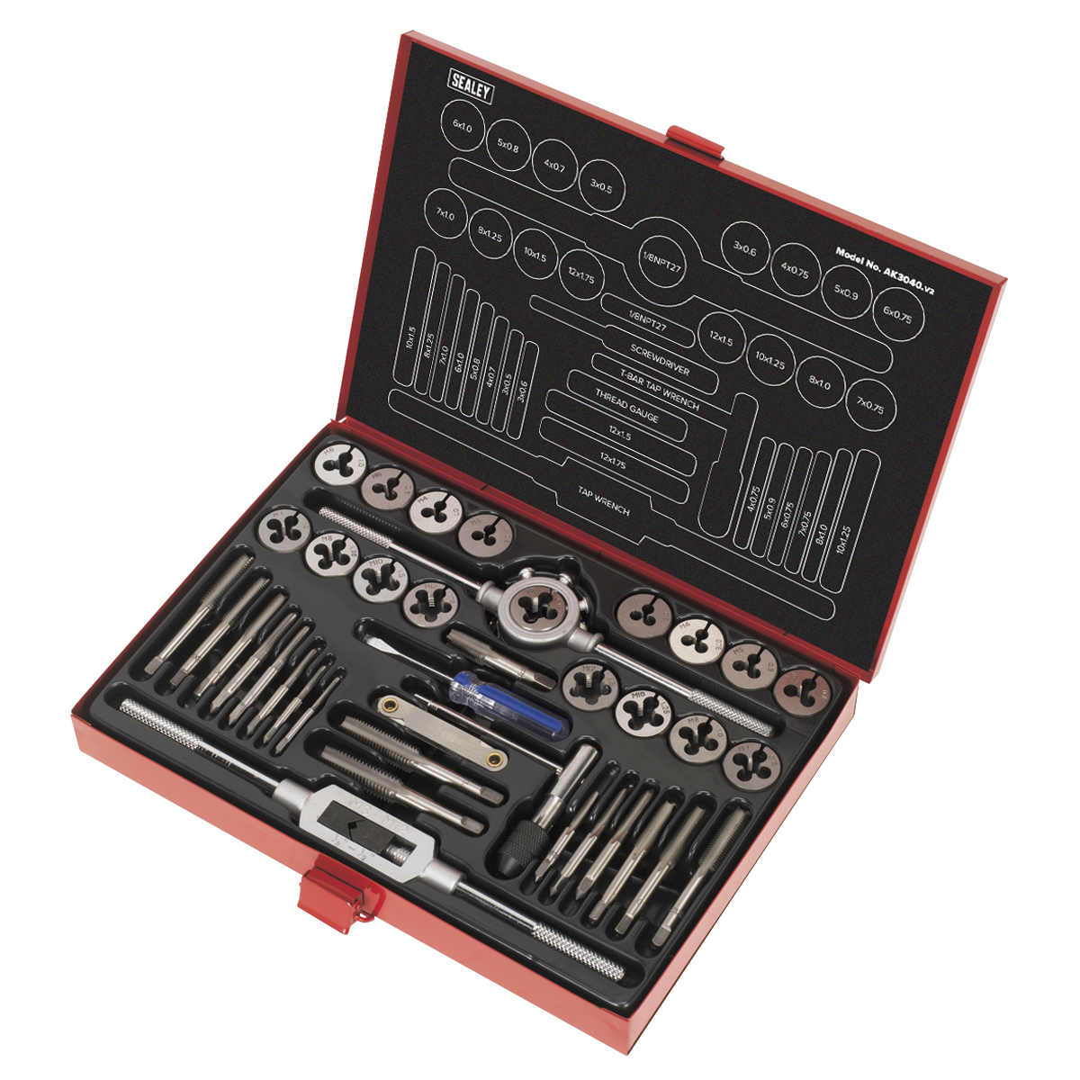 Sealey Tap & Die Set 40 Pcs Split Dies Metric With T-Handled Tap Wrench AK3040