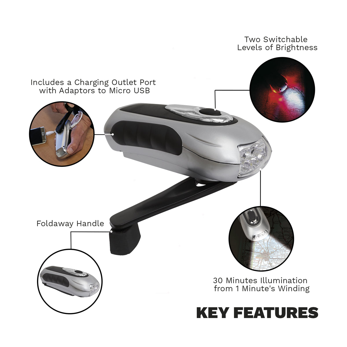 Sealey 3 LED Wind-Up Rechargeable Torch With Charging Outlet Port AK3305