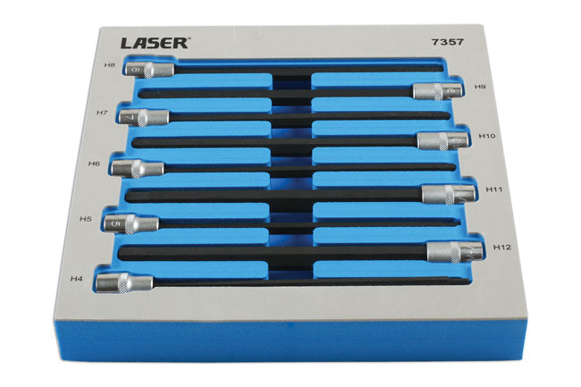 LASER 7357 Extra Long Hex Socket Bit Set 3/8" Metric 4-12mm 200mm 9 Piece