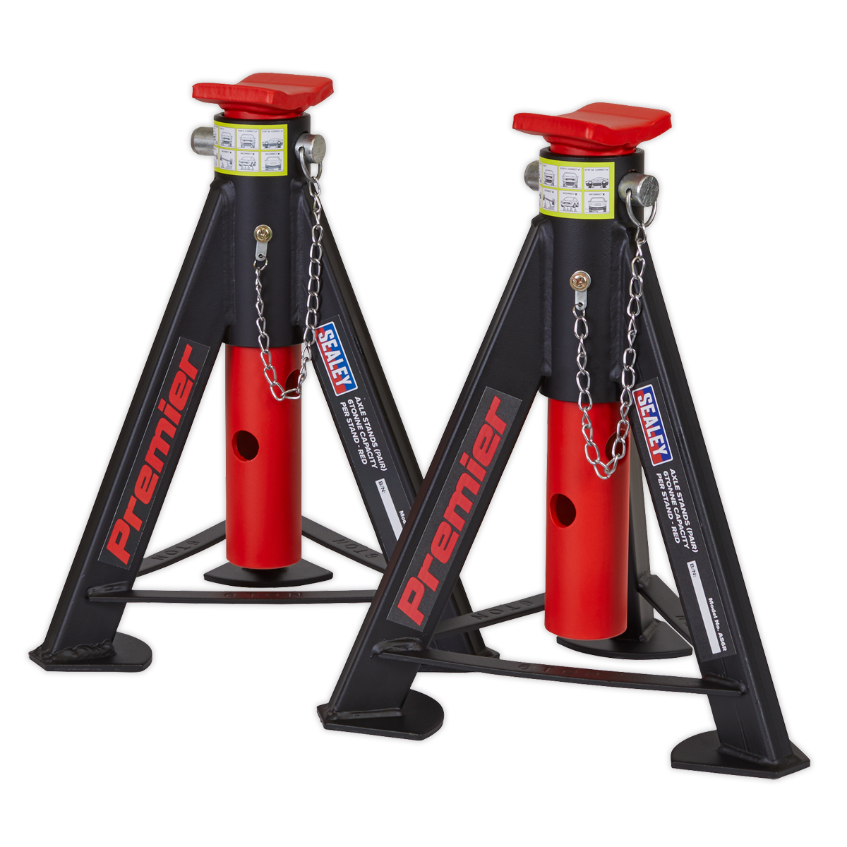 Sealey 2x Heavy Duty Lift Axle Stands 6 Tonne Capacity/Stand - Red AS6R