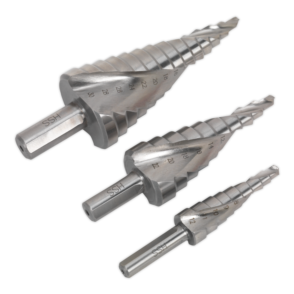 Sealey HSS 4341 Step Drill Bit Set Spiral Flute 3pc In Flip-Up Metal Case AK4749