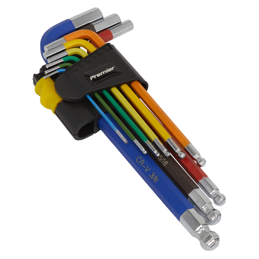 Sealey Ball End Hex Key Set 9 Pieces Long Colour Coded Imperial Hand Tool AK7197