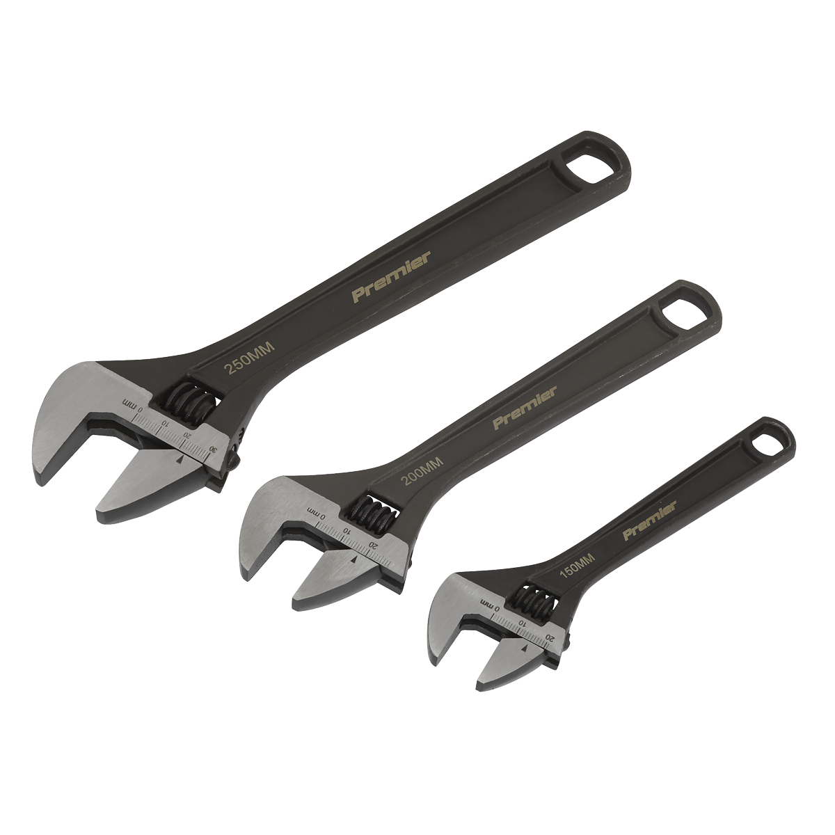 Sealey Adjustable Wrench Set 3 Pcs Rust Resistant Black Phosphate Finish AK607