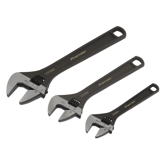 Sealey Adjustable Wrench Set 3 Pcs Rust Resistant Black Phosphate Finish AK607