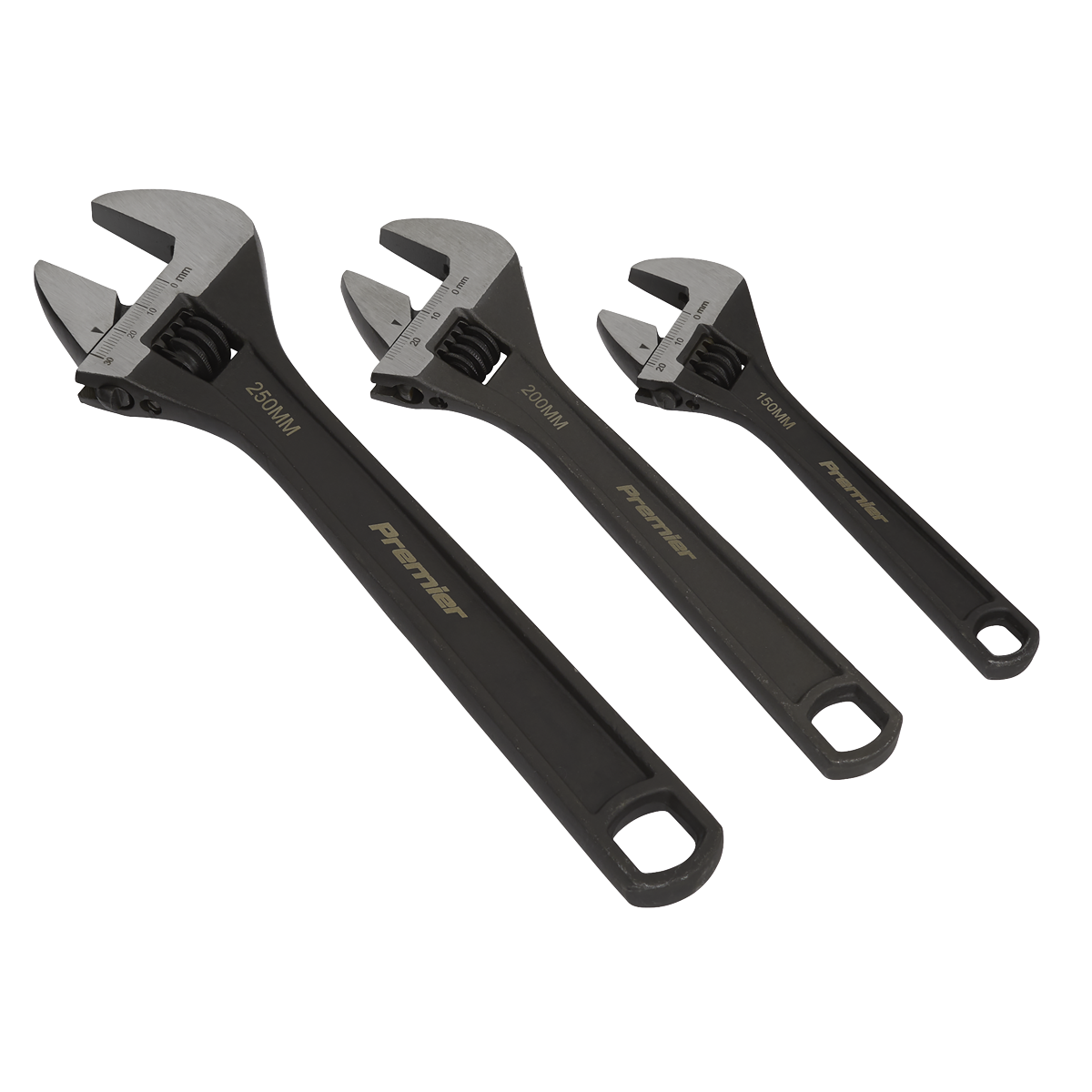 Sealey Adjustable Wrench Set 3 Pcs Rust Resistant Black Phosphate Finish AK607