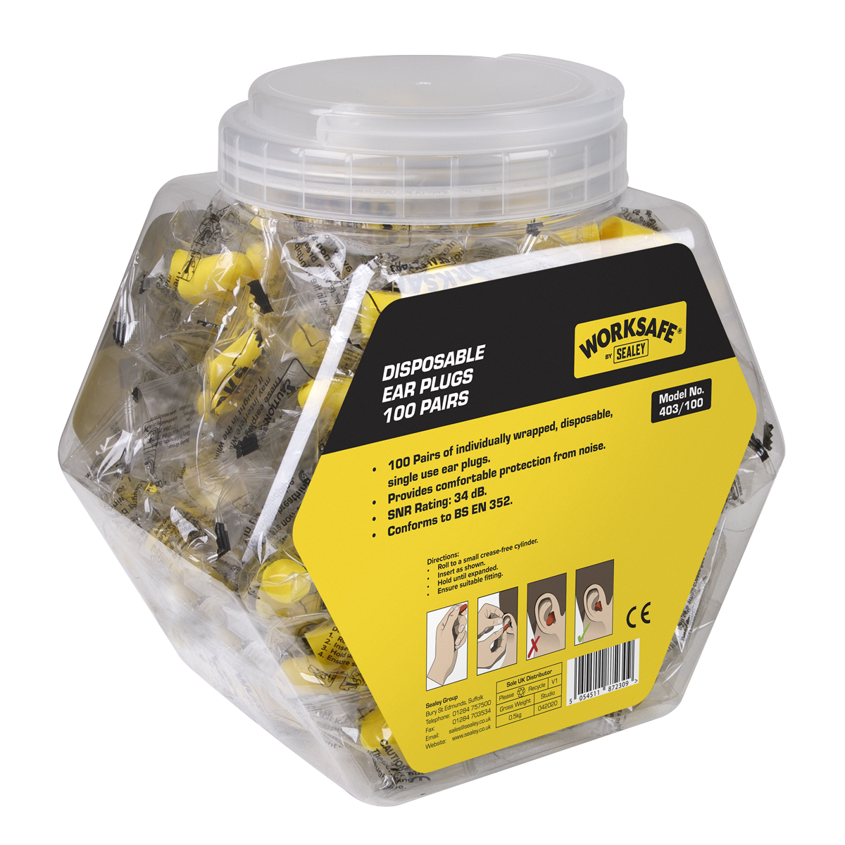 Sealey Disposable Ear Plugs Soft Foam 100 Pairs SNR 38dB BS EN 352 403/100