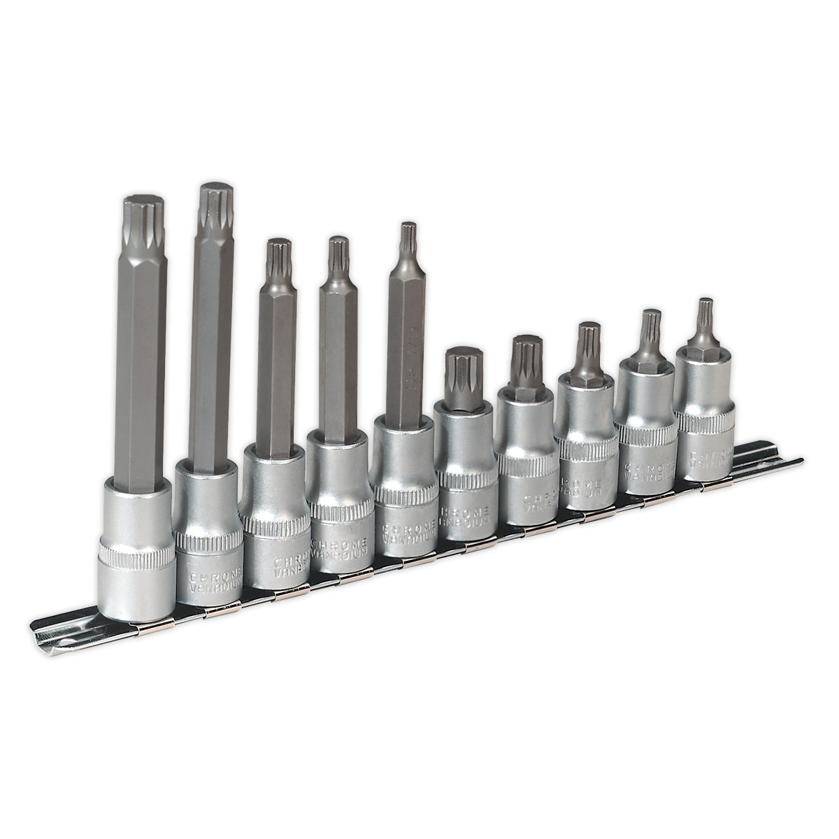 Sealey Spline Socket Bit Set Chrome Vanadium Steel 10pc 1/2" Square Drive AK6215