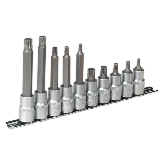 Sealey Spline Socket Bit Set Chrome Vanadium Steel 10pc 1/2" Square Drive AK6215