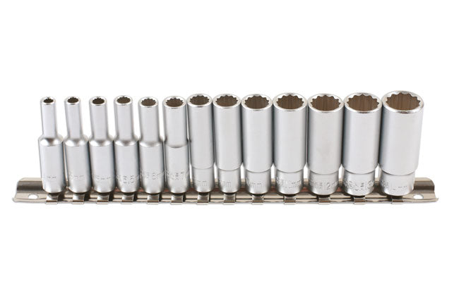 LASER 7589 Bi-Hex Deep Socket Set 1/4" Drive 13 Pieces Metric 4-14 mm Rail Kit