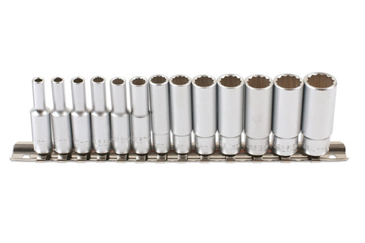 LASER 7589 Bi-Hex Deep Socket Set 1/4" Drive 13 Pieces Metric 4-14 mm Rail Kit