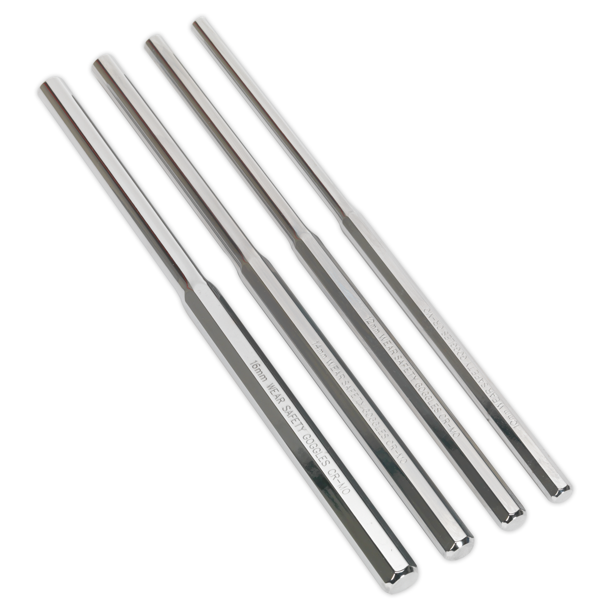Sealey Parallel Pin Punch Set 4 Pieces Extra-Long Chrome Molybdenum Steel AK9147