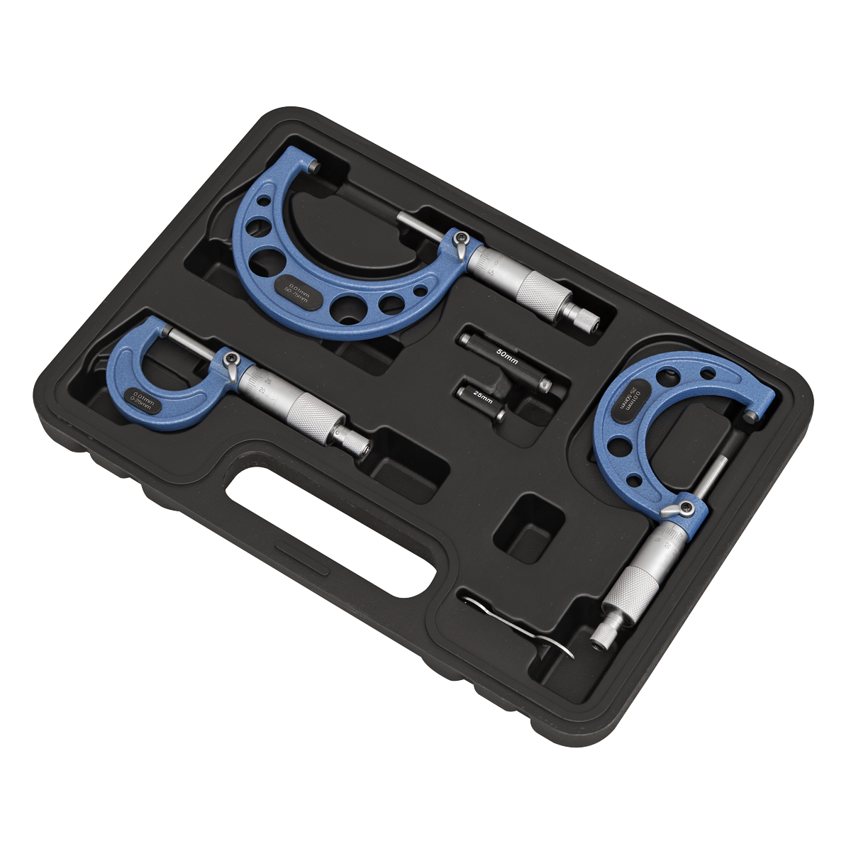 Sealey External Micrometer Set 3 Pieces 0mm - 75mm Metric Measuring AK9651M
