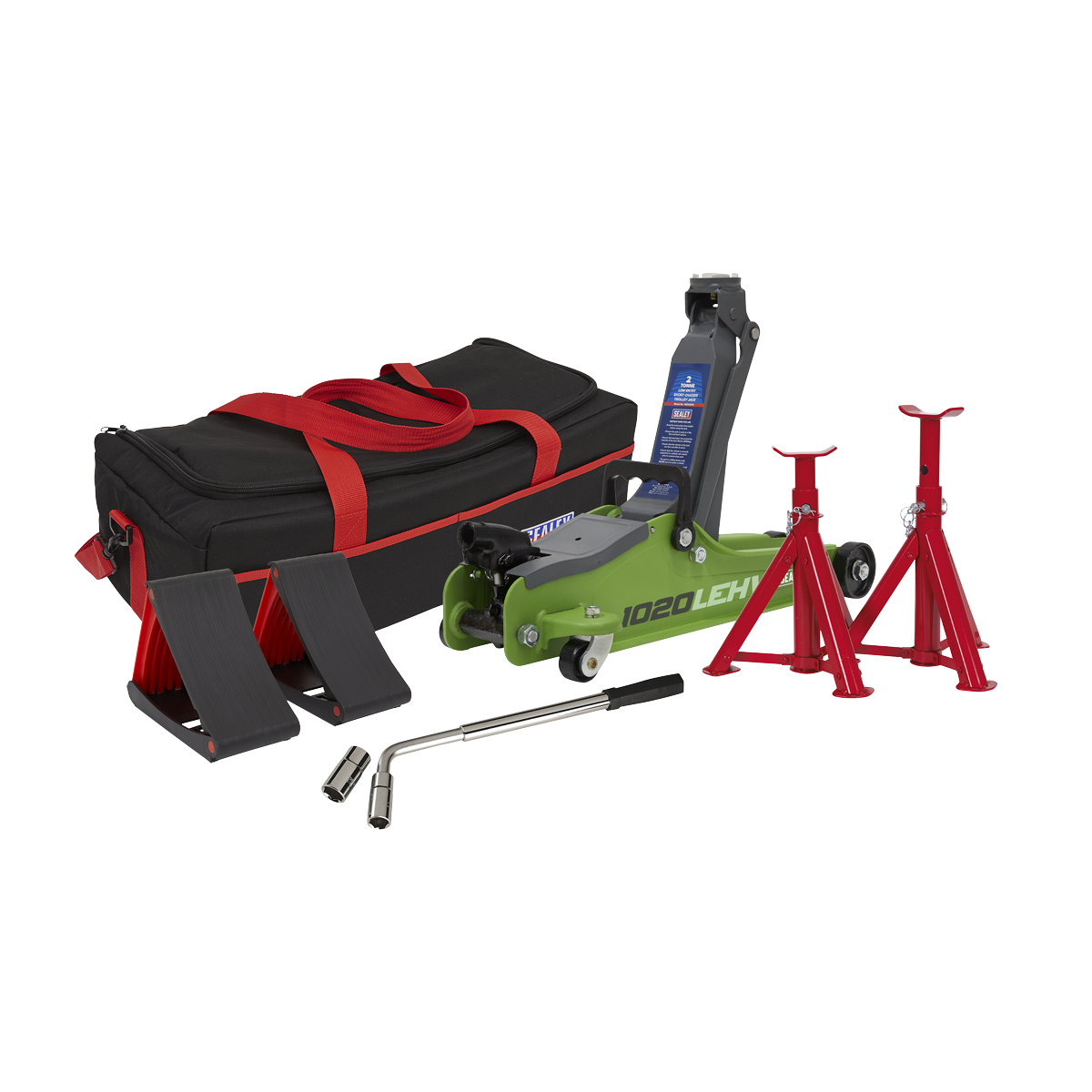 Sealey 2 Tonne Low Entry Short Chassis Trolley Jack Hi-Vis Set 1020LEHVBAGCOMBO