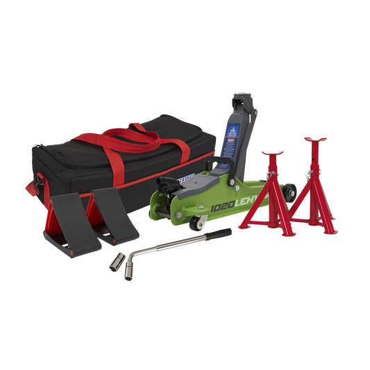 Sealey 2 Tonne Low Entry Short Chassis Trolley Jack Hi-Vis Set 1020LEHVBAGCOMBO