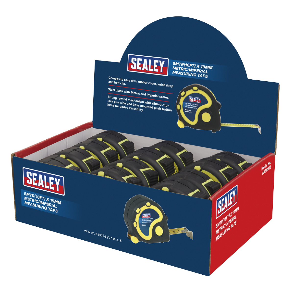 Sealey Rubber Measuring Tape 5mtr(16ft) x 19mm Metric/Imperial Box of 12 AK98912