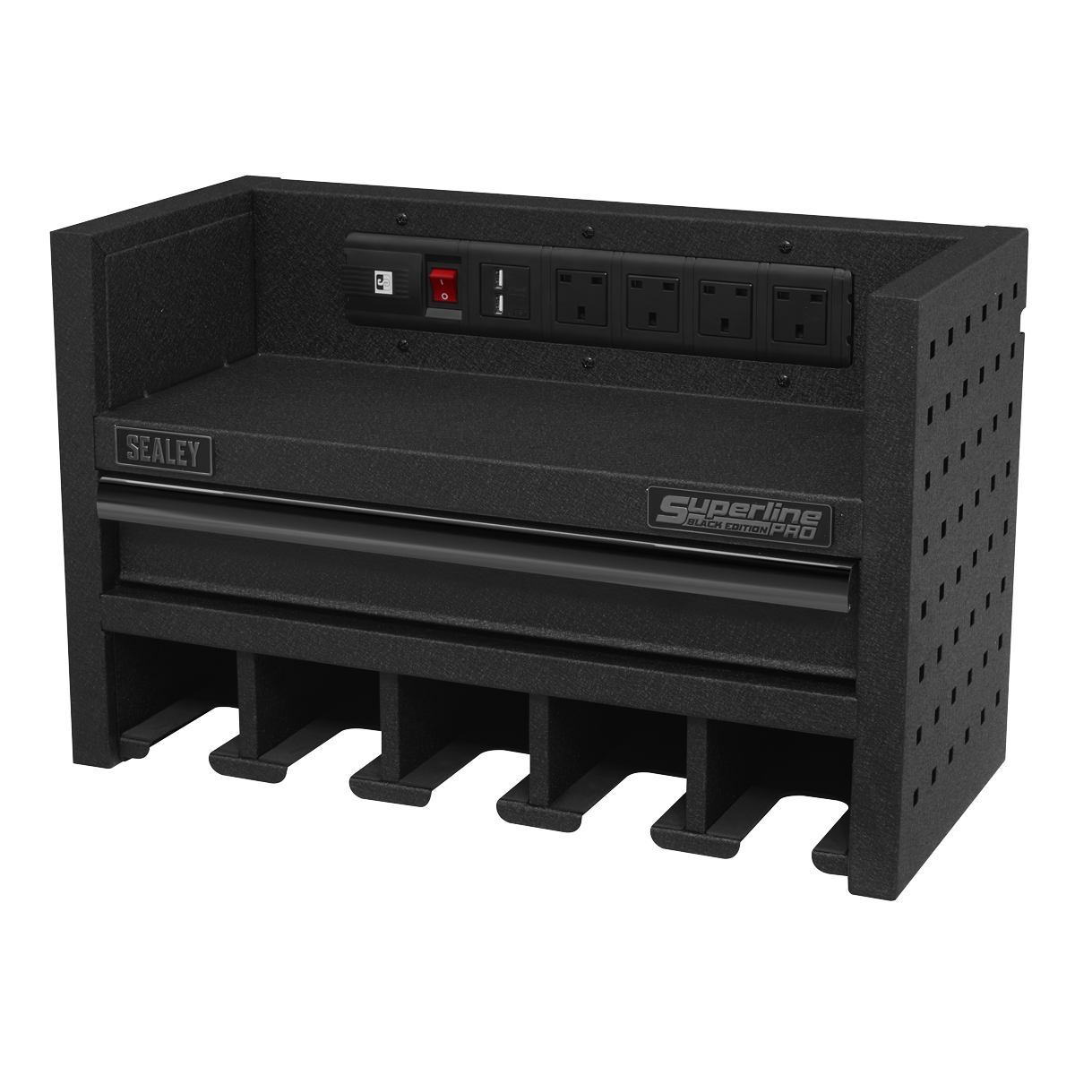 Sealey Power Tool Storage Rack With Drawer & Power Strip - Black AP22SRBE
