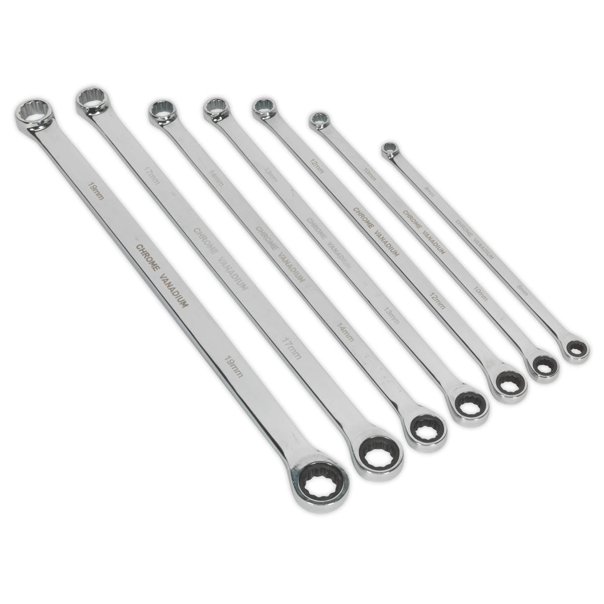 Sealey Double Ring Ratchet/Fixed Spanner Set 7 Pieces Extra Long Metric AK6319