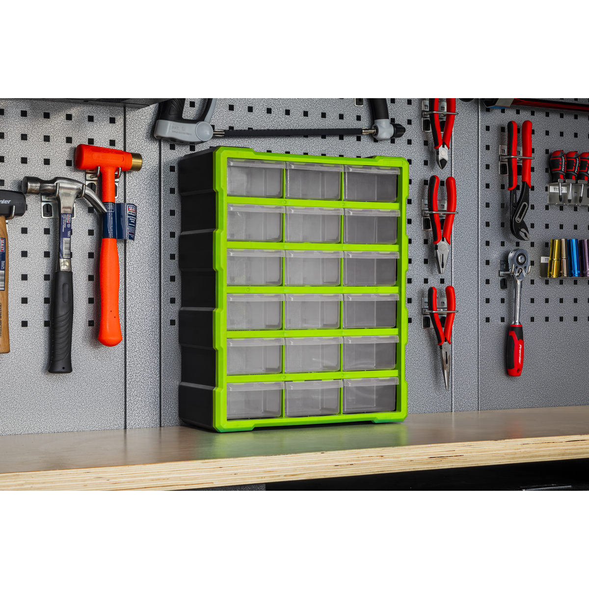 Sealey Cabinet Box 18 Drawer Wall Mountable - Hi-Vis Green/Black APDC18HV