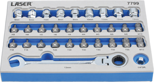 LASER 7799 Low Profile Bit & Go Thru AllDrive Socket Wrench Set 31pc CH-V
