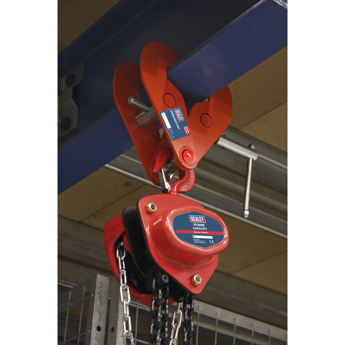 Sealey Beam Clamp 2 Tonne Adjustable Width 75-220mm Low Profile Red BC2000