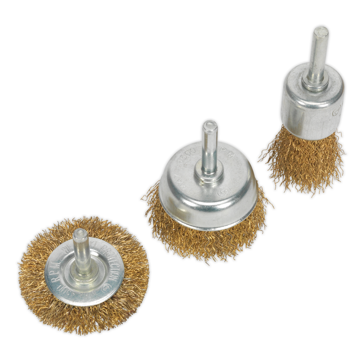 Sealey Wire Brush Set 3 Pieces Brassed Suitable For Power Tools 4500rpm BWBS03