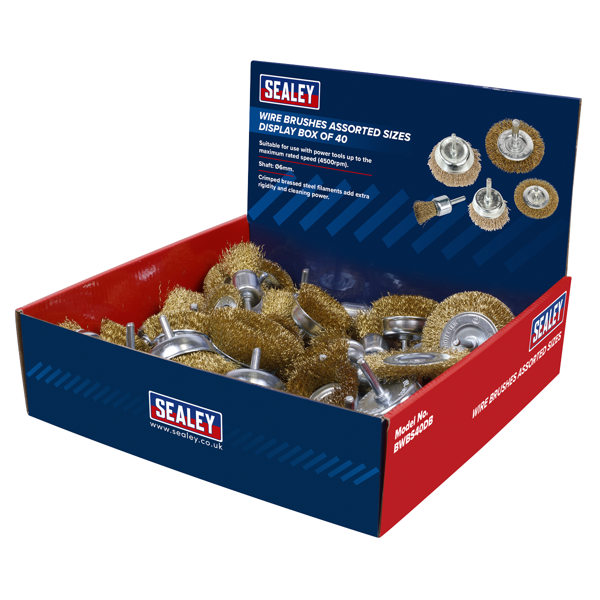 Sealey Wire Brushes Assorted Sizes Display Box of 40 Shaft: Ø6mm BWBS40DB