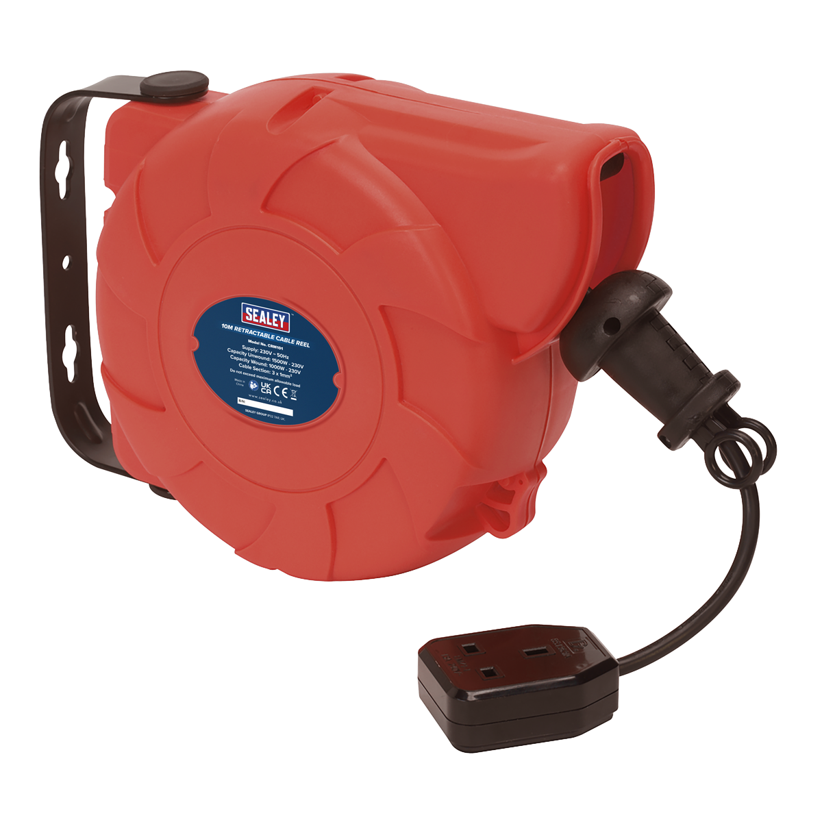 Sealey Cable Reel System Retractable 10 Metres 1 x 230V Socket Red/Black CRM101