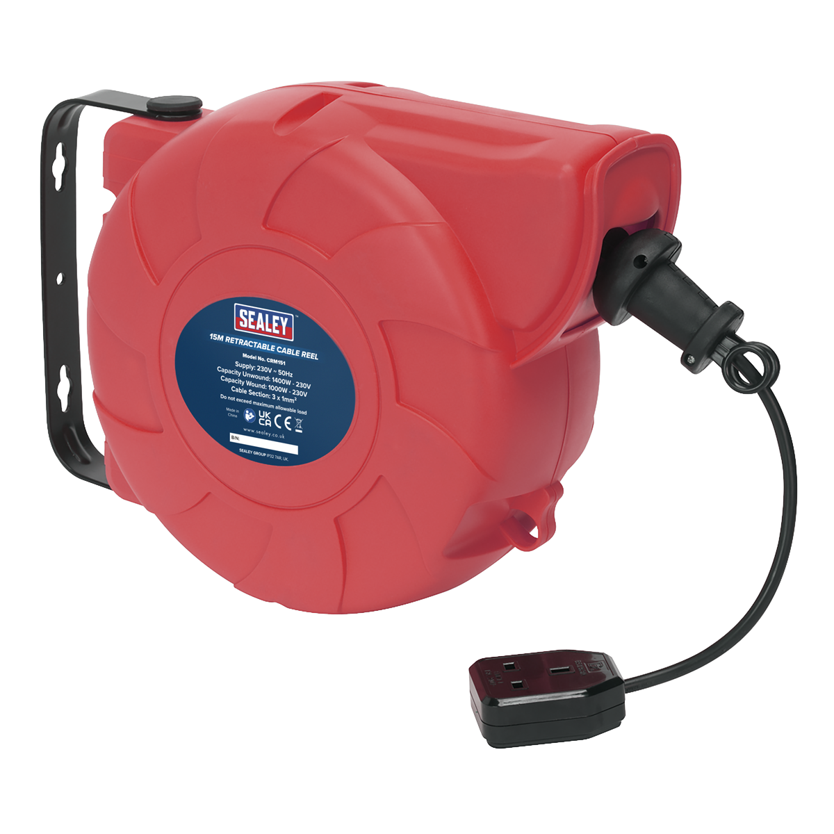 Sealey Cable Reel System Retractable 15 Metres 1 x 230V Socket Red/Black CRM151