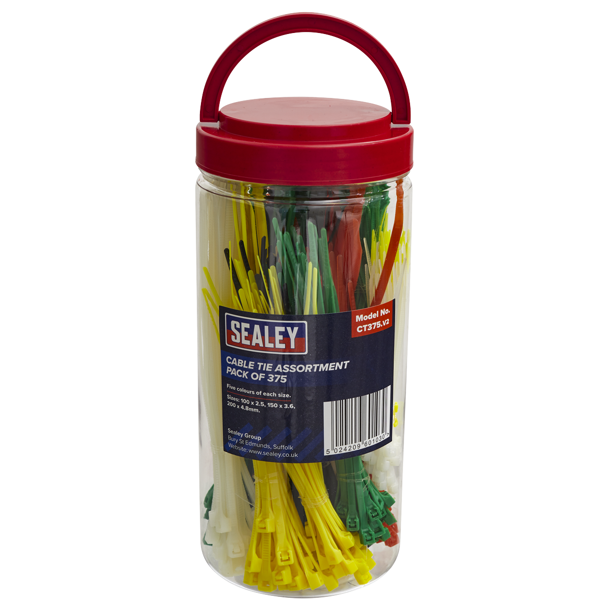 Sealey Cable Zip Tie Assortment Five Colours of Each Size Pack of 375 CT375