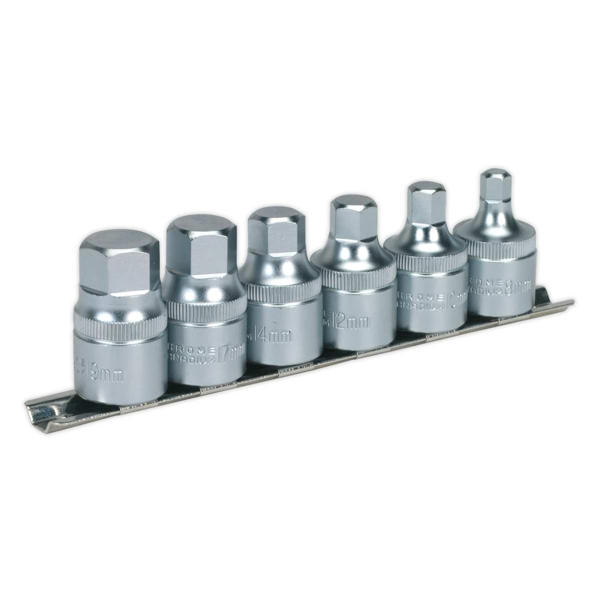 Sealey Hex Socket Bit Set With Rail 6pc Stubby 1/2" Square Drive Metric AK6561