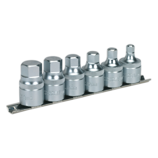 Sealey Hex Socket Bit Set With Rail 6pc Stubby 1/2" Square Drive Metric AK6561