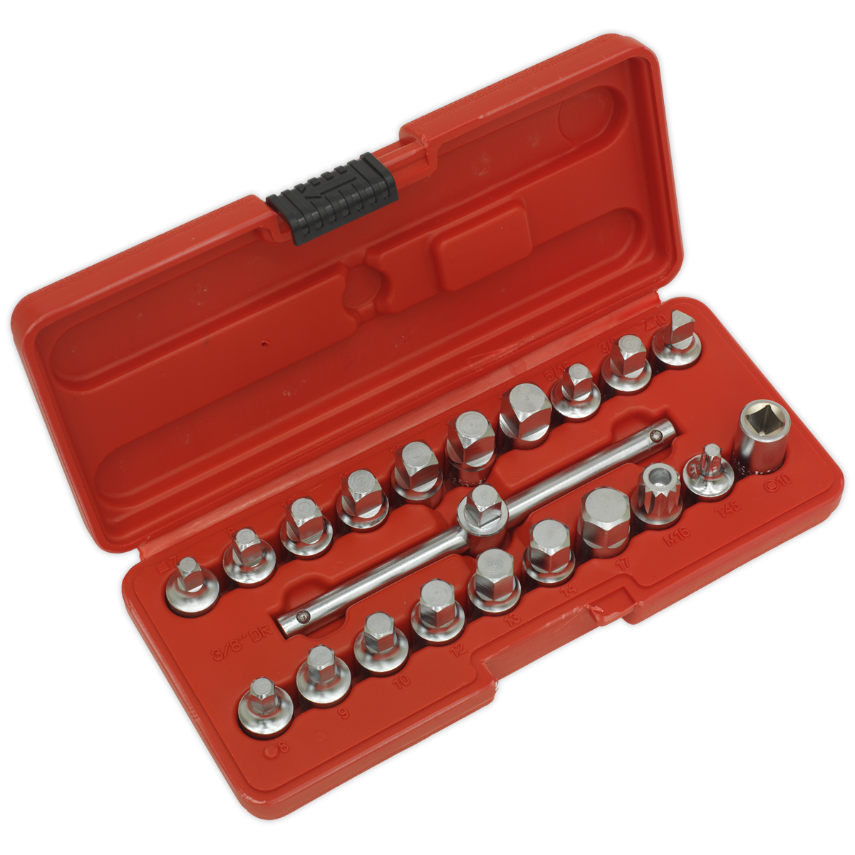 Sealey Oil Drain Plug Key Set 19 Pieces 3/8" Square Drive Sliding T-Bar AK6586