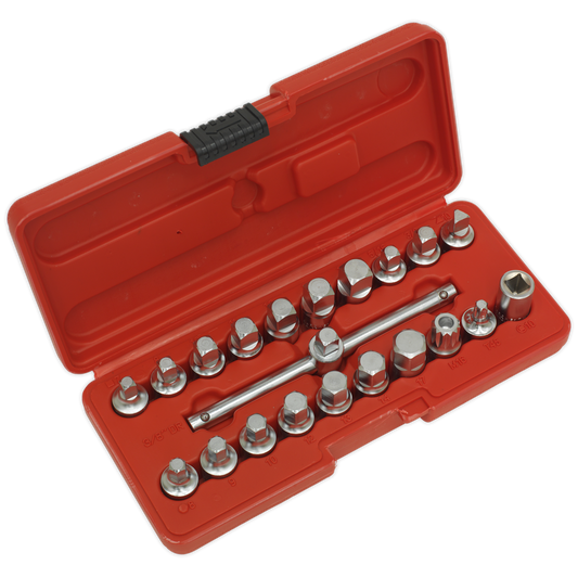 Sealey Oil Drain Plug Key Set 19 Pieces 3/8" Square Drive Sliding T-Bar AK6586
