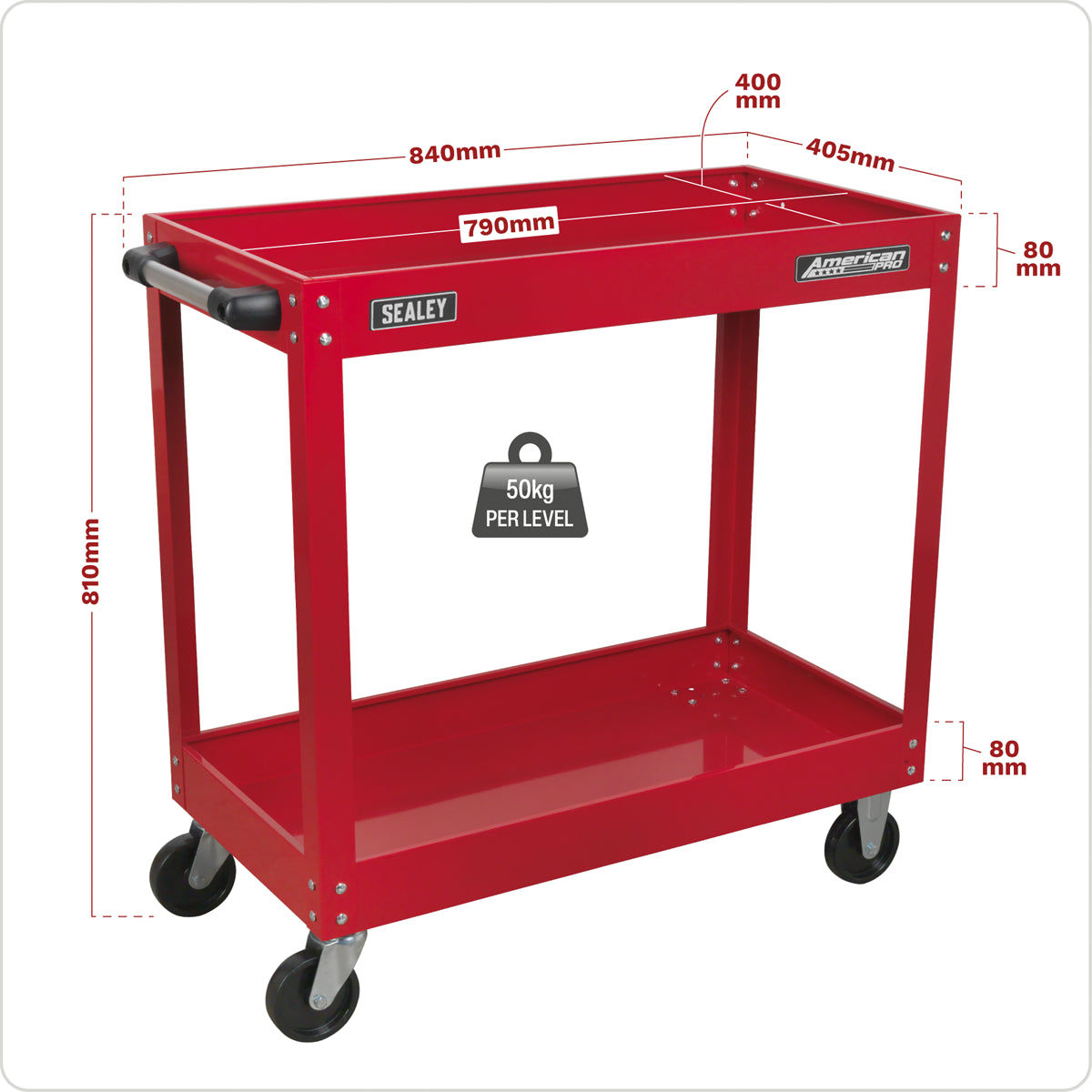Sealey 2-Level Workshop Trolley With Extra-Large Castors 840 x 405 x 810mm CX105