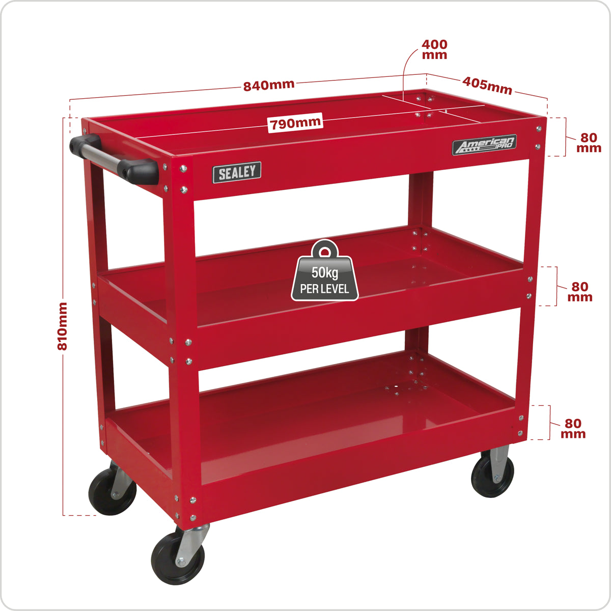 Sealey 3-Level Workshop Trolley With Extra-Large Castors 840 x 405 x 810mm CX108