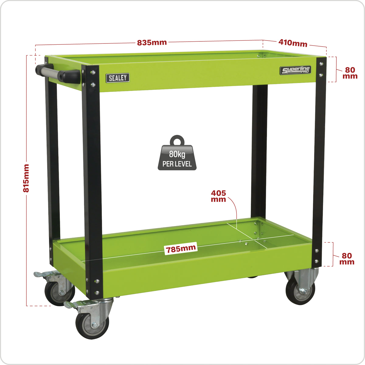 Sealey Workshop Trolley With Handle 2-Level Heavy Duty - Hi-Vis Green CX109HV