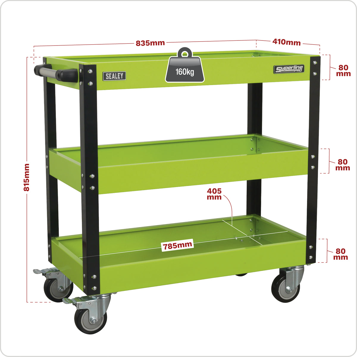 Sealey Workshop Trolley With Handle 3-Level Heavy Duty - Hi-Vis Green CX110HV