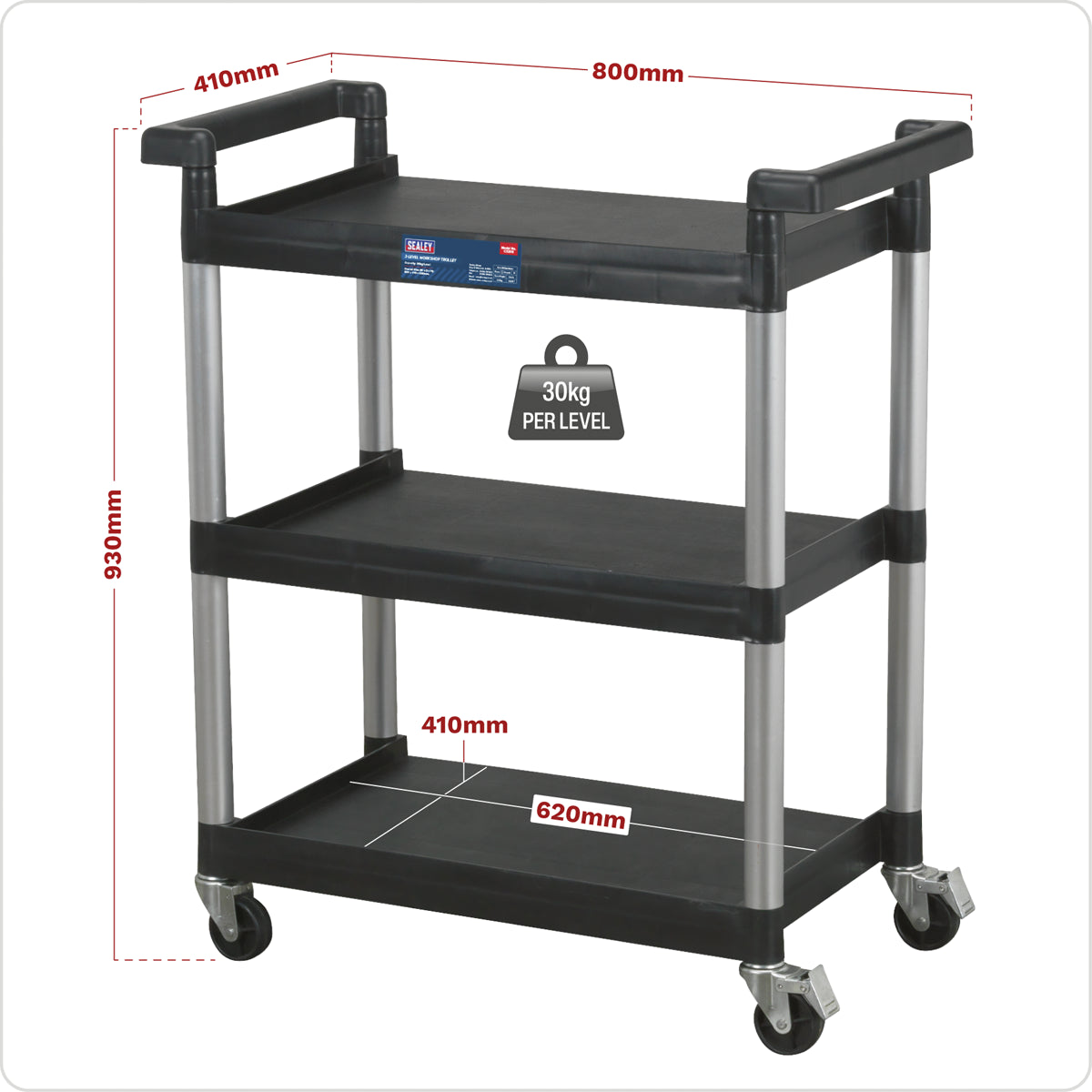 Sealey 3-Level Workshop Trolley With 30kg Capacity Per Shelf Black/Silver CX308