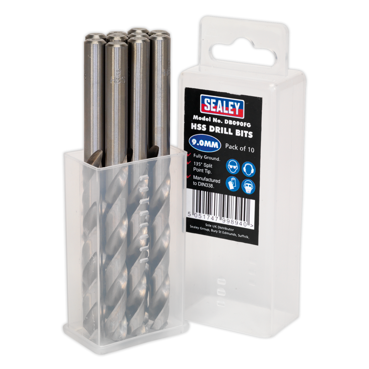 Sealey Fully Ground HSS Drill Bit 9mm Clog-Free Swarf Clearance 10PK DB090FG