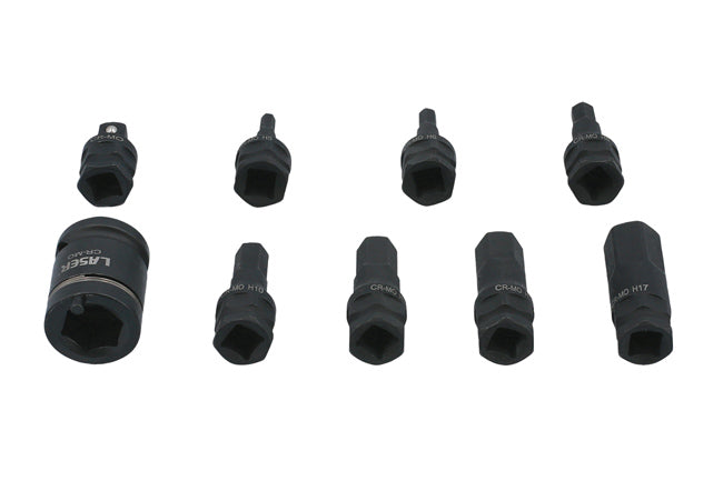 LASER 7977 9Pcs Screwdriver Dual Hex Impact Bit Socket Set 3/8" 1/2" Drive CrMo