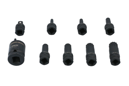 LASER 7979 9Pcs Screwdriver Dual Spline Impact Bit Socket Set 3/8" & 1/2" Drive