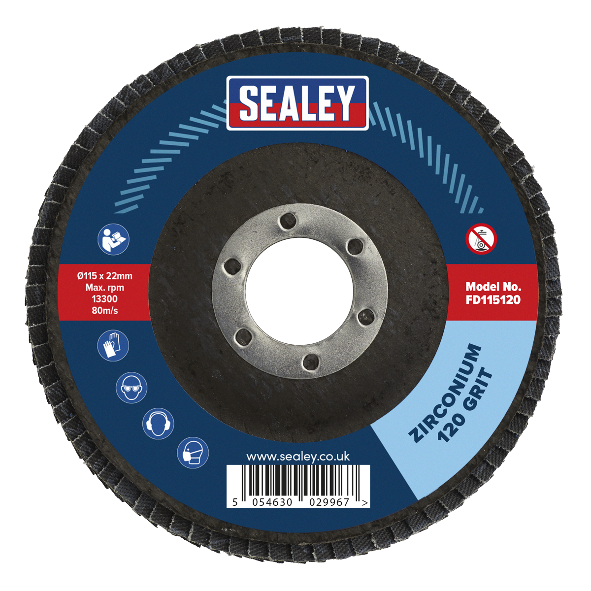 Sealey 120 Grit Flap Discs Zirconium 115mm 22mm Bore 10 Pieces FD11512010