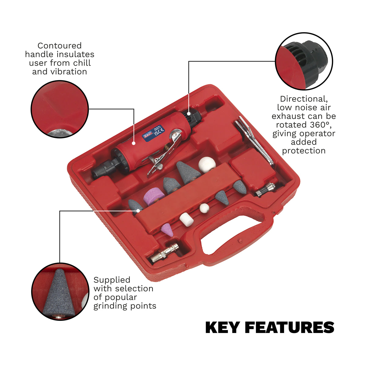 Sealey Air Die Grinder Kit With Low Noise Air Exhaust 13 Pieces Set GSA67