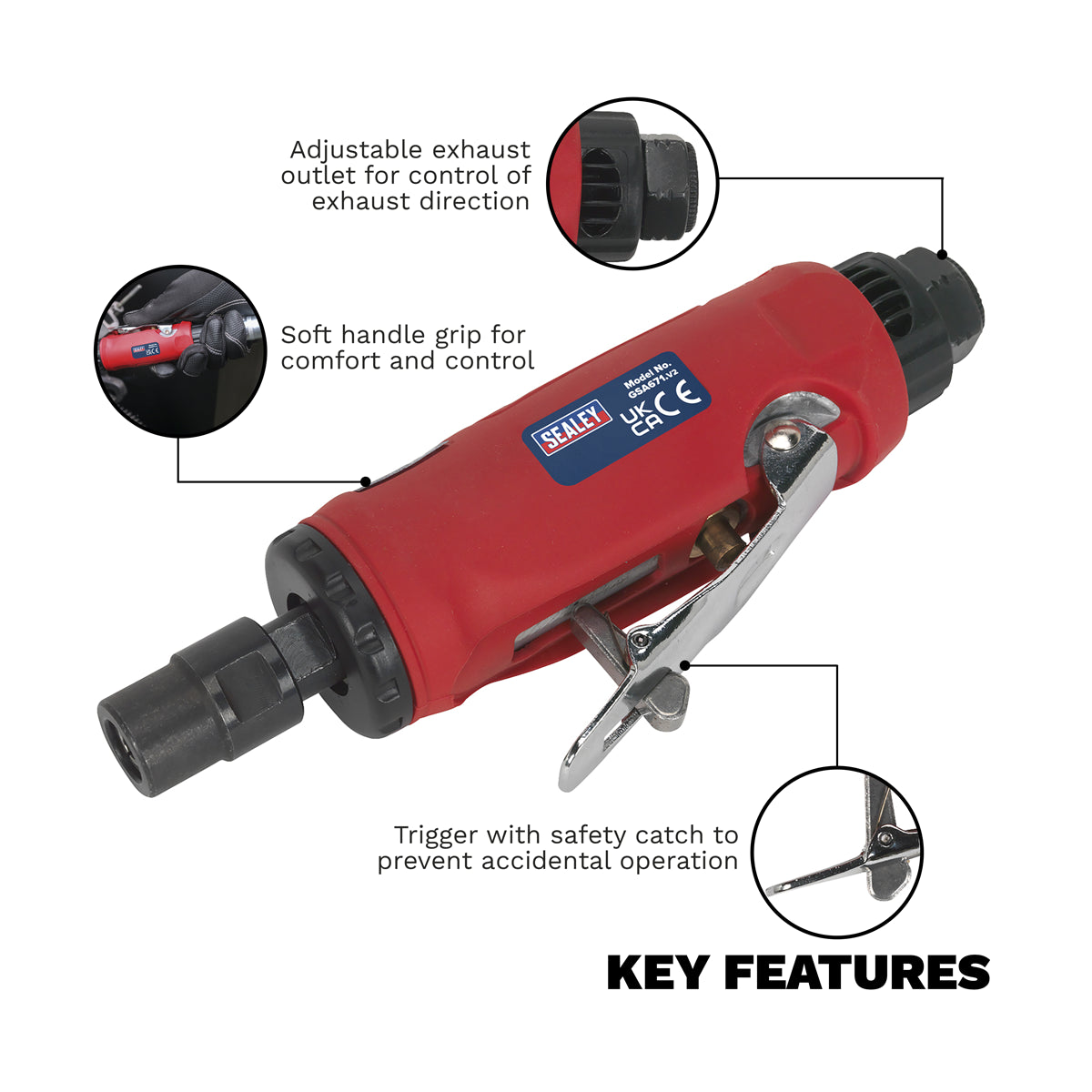 Sealey Air Die Grinder With Low Noise Air Exhaust 22000RPM Red/Black GSA671