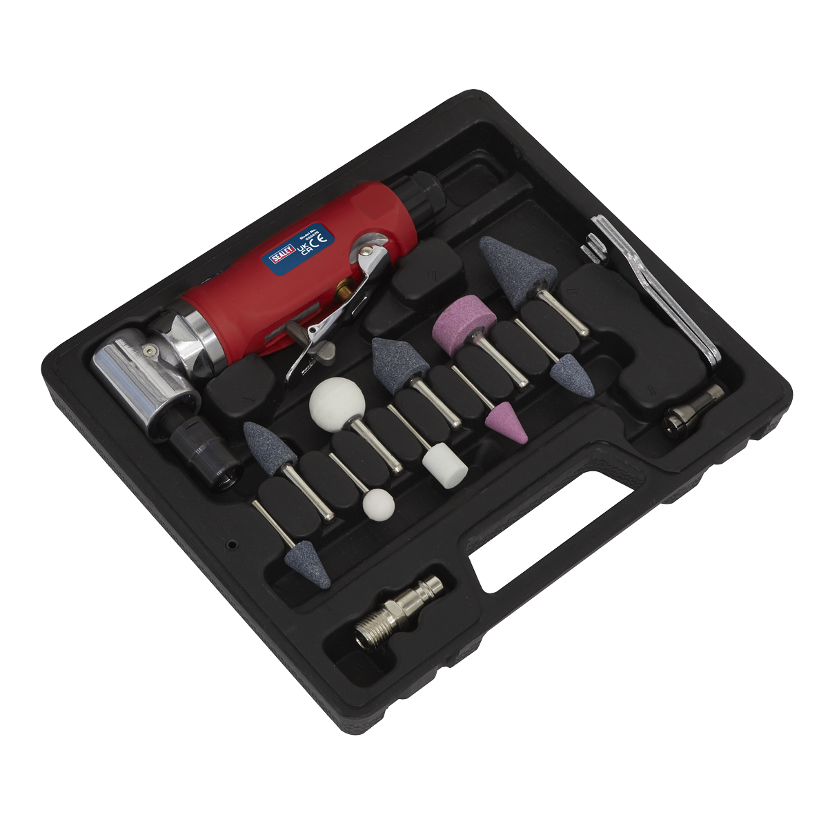 Sealey Air Die Grinder 90° Angle Kit With Low Noise Air Exhaust 15 Pieces GSA675