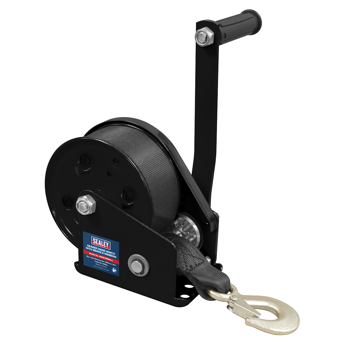 Sealey Geared Hand Winch Steel With Brake & Webbing 540kg Capacity GWW1200B