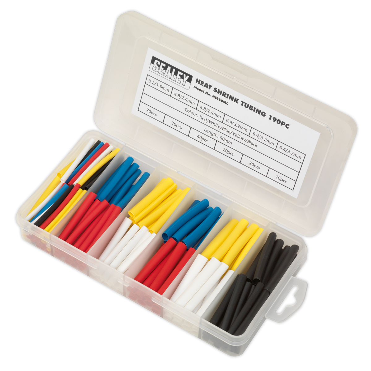 Sealey Heat Shrink Tubing Sleeve Mixed Colours 50mm 190 Pieces RoHS HST50MC