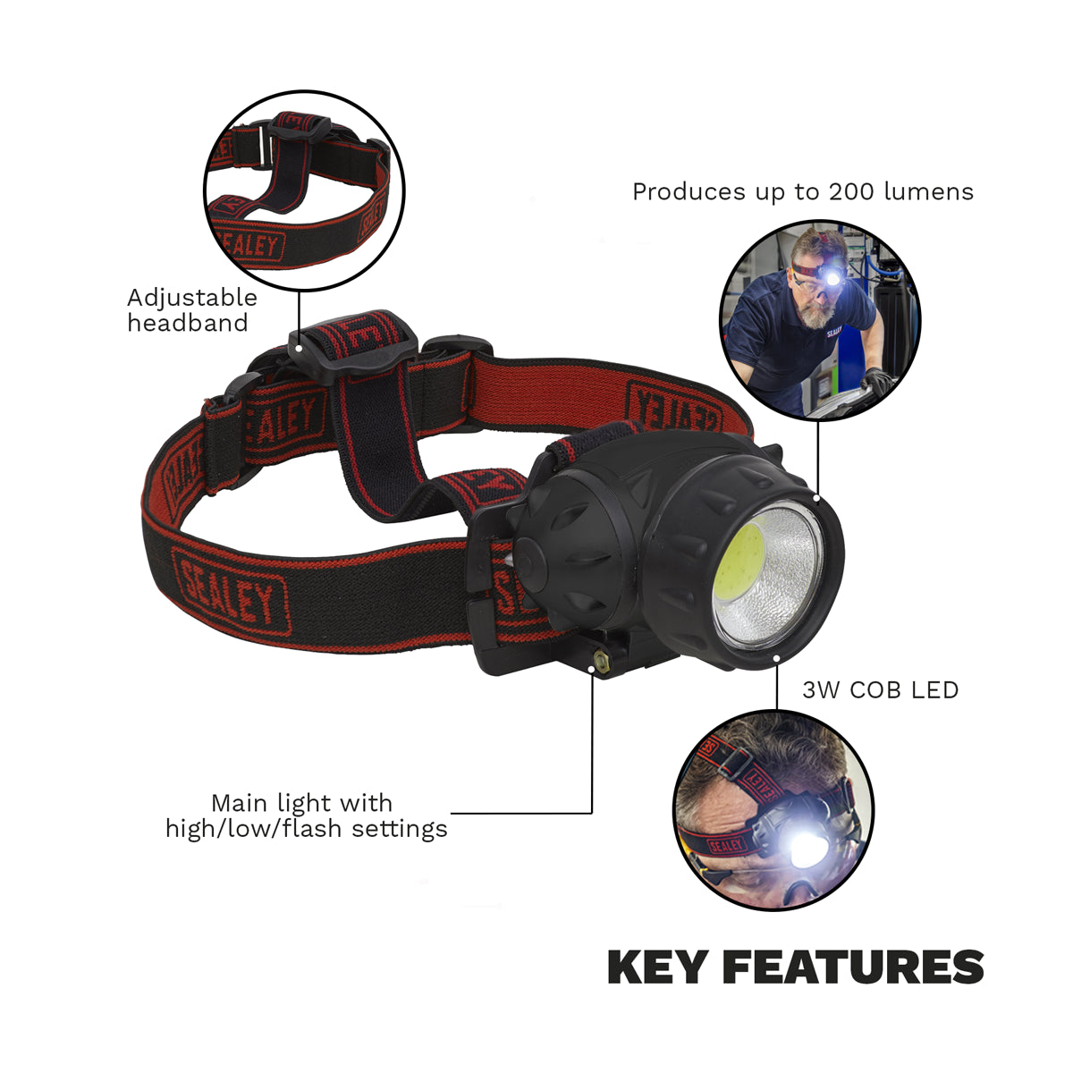 Sealey Head Torch 3W COB LED Spotlight 200 Lumens Adjust High Low Flash HT101