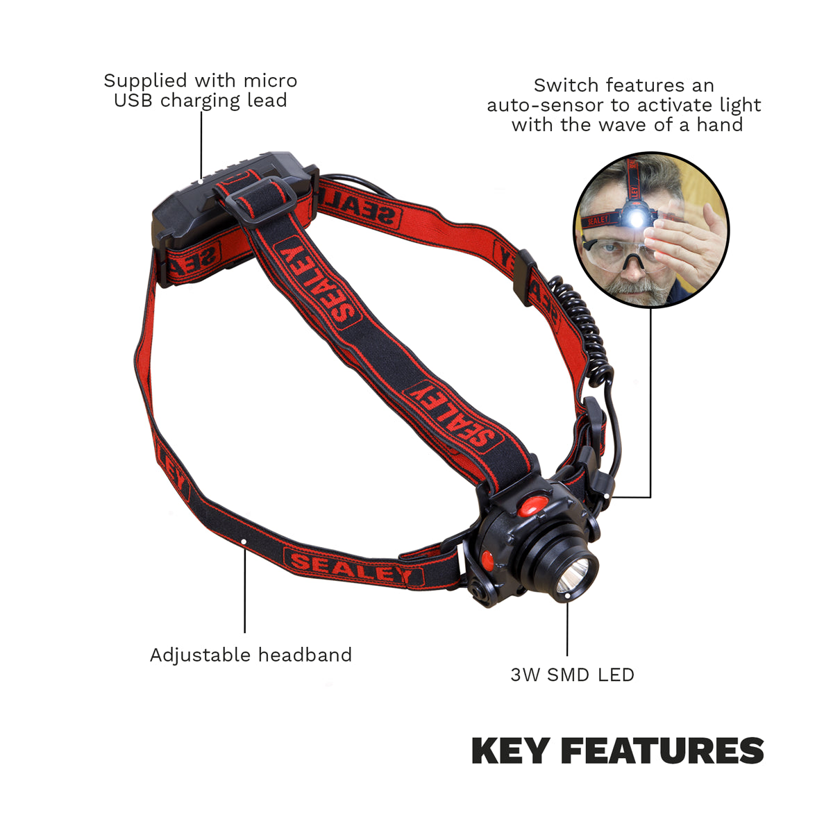 Sealey Rechargeable Head Torch 3W CREE LED 180 Lumens Adjustable HT106LED