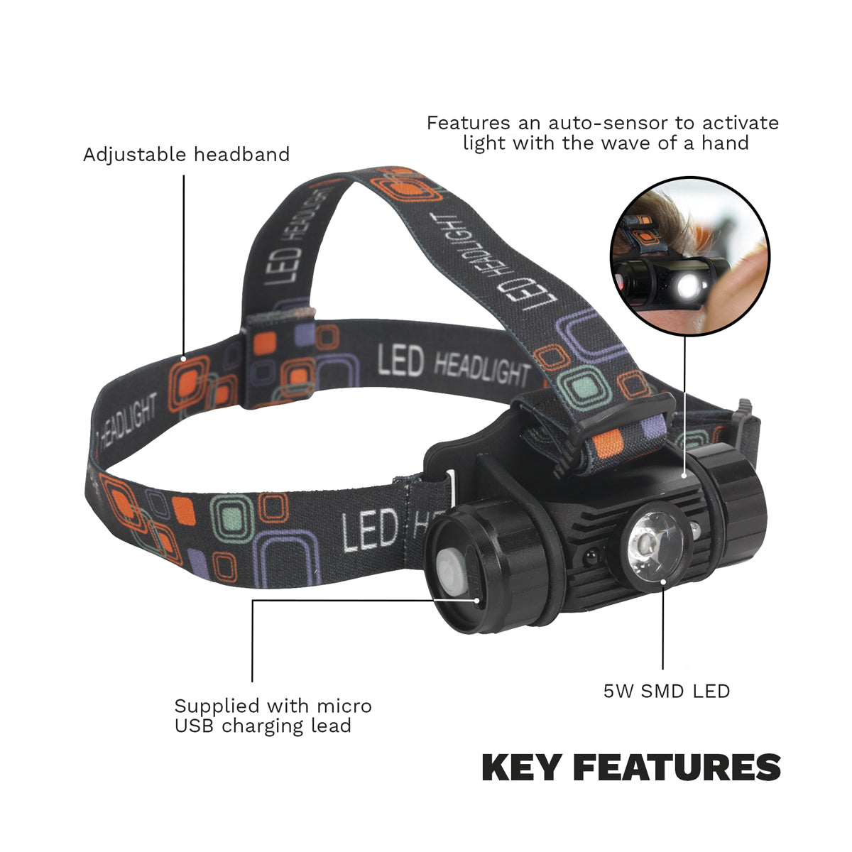 Sealey Rechargeable Head Torch With Auto Sensor 5W SMD LED 3.7V 2Ah HT108LED